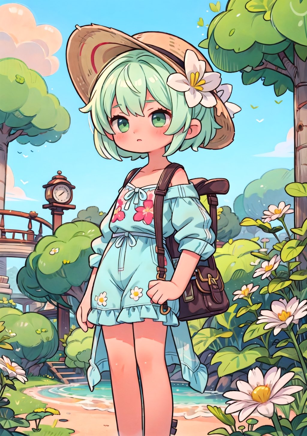 1girl, park, casual, flower, green hair, hat,nude