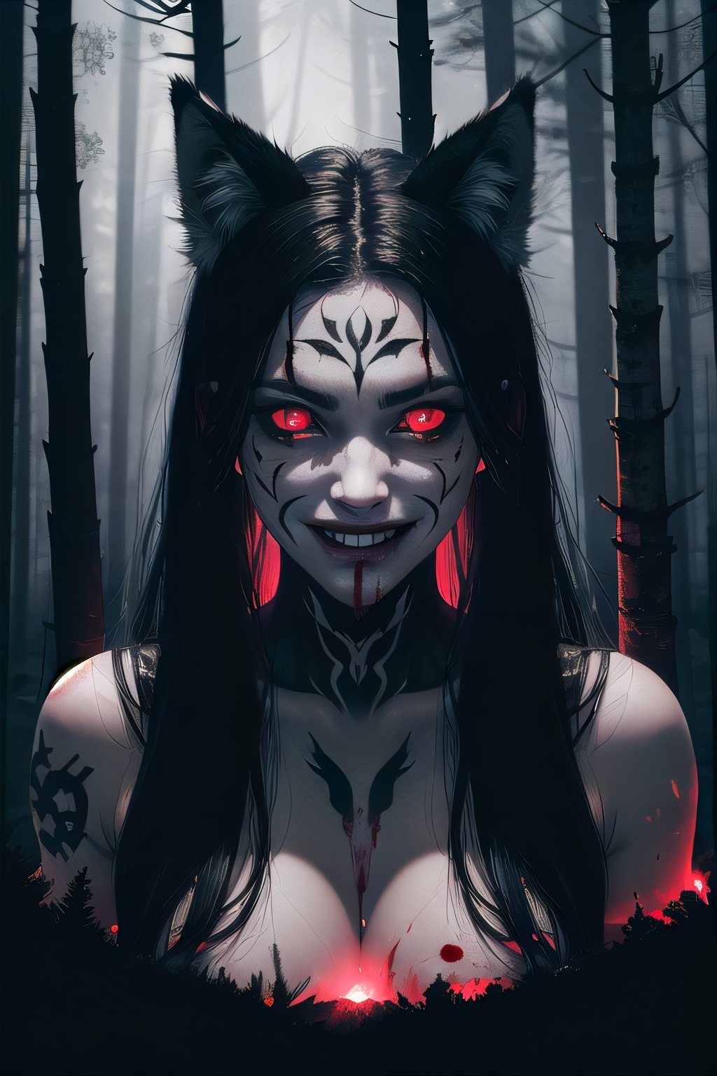 woman, wolf ears, white and black hair, red glowing eyes, crying blood, psychopath, creepy smile, ominous crimson smoke background, in a dark forest, wide shot, whole body shot, volumetric lighting, face tattoo, bloody blades 