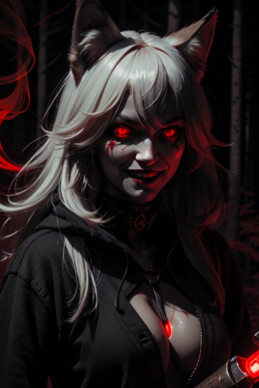 woman wolf mix, wolf ears, red glowing eyes, psychopath, creepy smile, ominous crimson smoke background, in a dark forest, dagger in hand,perfecteyes