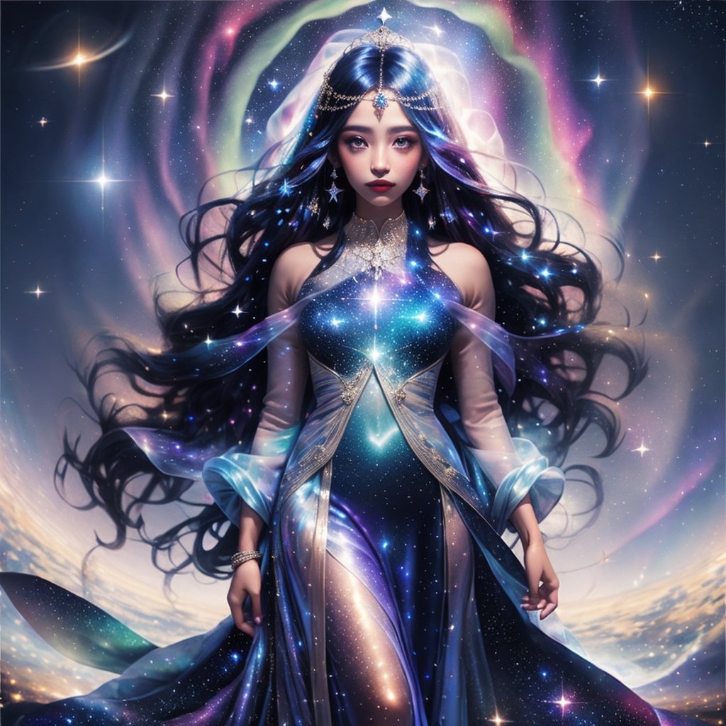 
Oriana, the Starweaver, is a celestial marvel, her appearance a reflection of the cosmic powers she commands. Her long, flowing hair shimmers with stardust hues of indigo and silver, while her eyes mirror galaxies, deep and mysterious. Clad in a gown of iridescent silk, adorned with constellation patterns and gemstone stars, she exudes an aura of cosmic grace. Delicate bracelets and a celestial tiara complete her ensemble. When her celestial magic ignites, translucent aurora wings emerge from her back, and her eyes become like miniature supernovas, connecting her to the boundless power of the stars. Oriana's presence is both regal and serene, leaving all who behold her in awe of the celestial wonders she embodies.,High detailed 