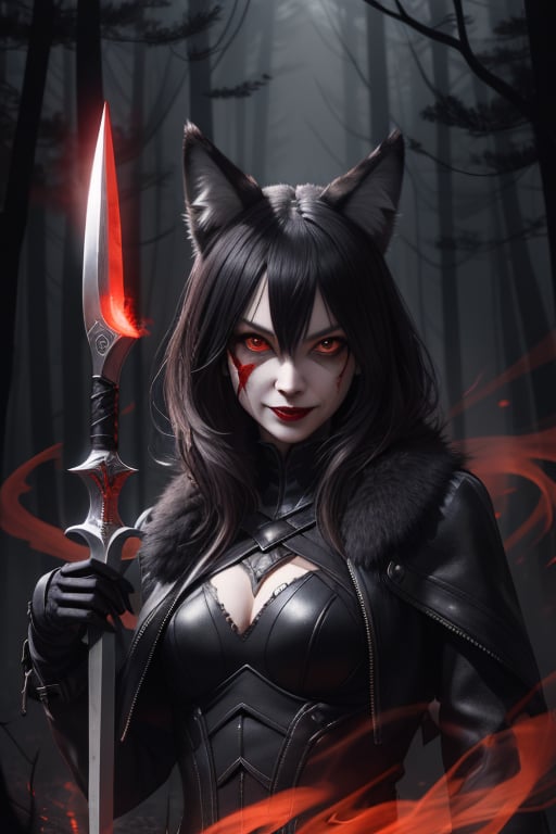 woman wolf mix, wolf ears, red glowing eyes, psychopath, creepy smile, ominous crimson smoke background, in a dark forest, dagger in hand, licking dagger