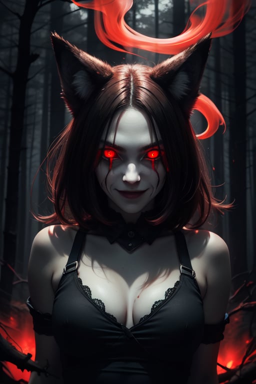 woman, wolf ears, red glowing eyes, psychopath, creepy smile, ominous crimson smoke background, in a dark forest, wide shot