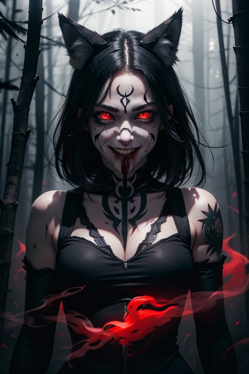 woman, wolf ears, white and black hair, red glowing eyes, crying blood, psychopath, creepy smile, ominous crimson smoke background, in a dark forest, wide shot, whole body shot, volumetric lighting, face tattoo, bloody blades 