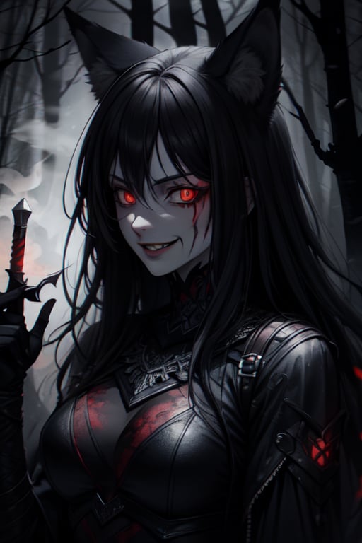 woman wolf mix, wolf ears, red glowing eyes, psychopath, creepy smile, ominous crimson smoke background, in a dark forest, dagger in hand