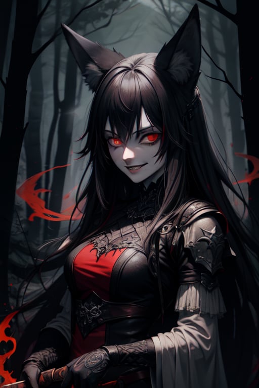 woman wolf mix, wolf ears, red glowing eyes, psychopath, creepy smile, ominous crimson smoke background, in a dark forest, dagger in hand