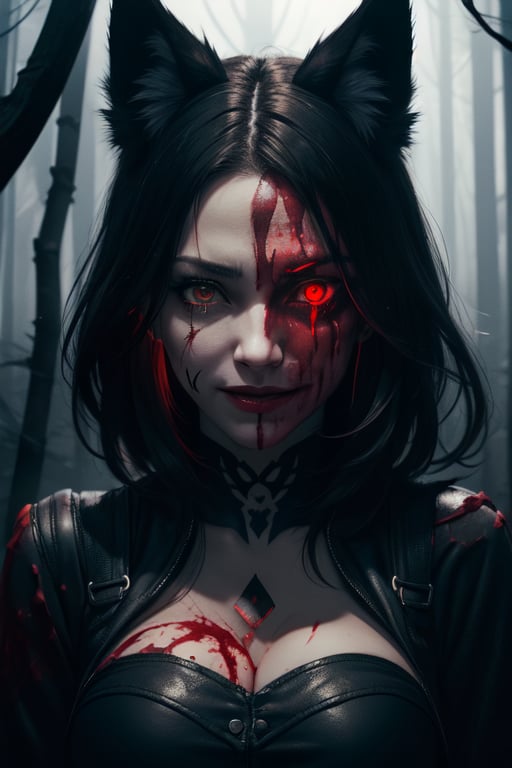 woman, wolf ears, red glowing eyes, crying blood, psychopath, creepy smile, ominous crimson smoke background, in a dark forest, wide shot, whole body shot, volumetric lighting, face tattoo, bloody blades 