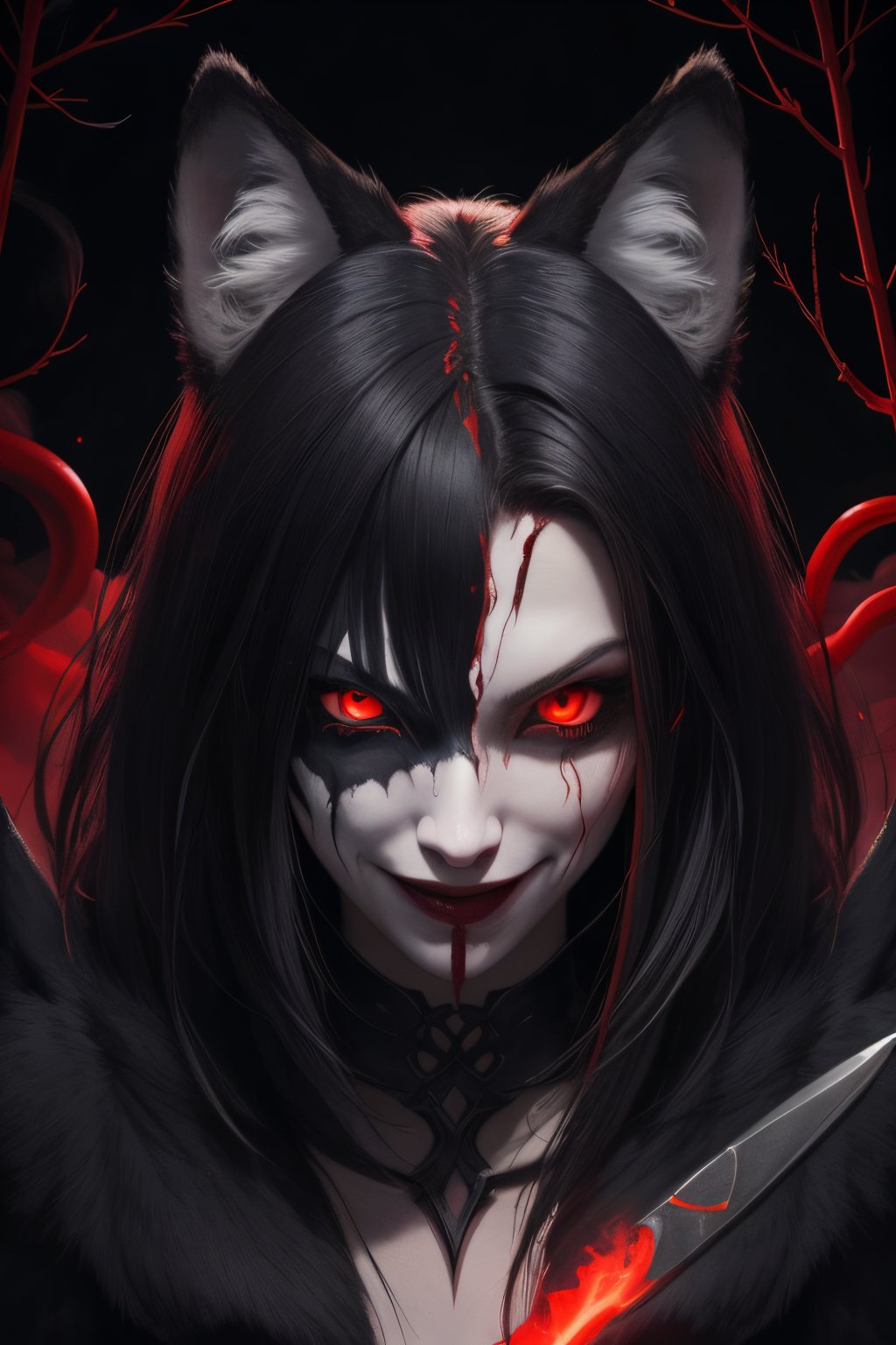 woman wolf mix, wolf ears, red glowing eyes, psychopath, creepy smile, ominous crimson smoke background, in a dark forest, dagger in hand beside the face 