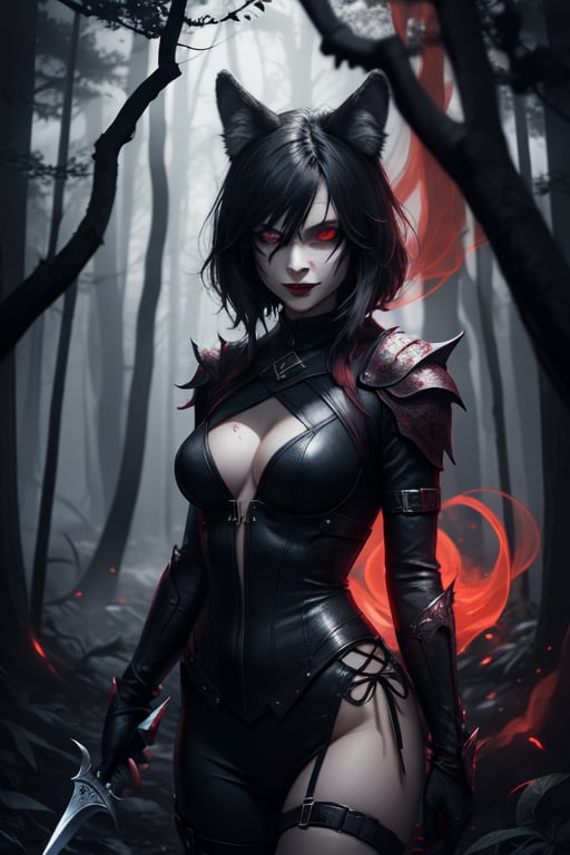 woman wolf mix, wolf ears, red glowing eyes, psychopath, creepy smile, ominous crimson smoke background, in a dark forest, dagger in hand, licking dagger