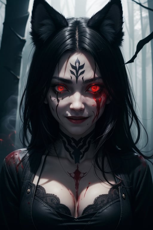 woman, wolf ears, half white half black hair, red glowing eyes, crying blood, psychopath, creepy smile, ominous crimson smoke background, in a dark forest, wide shot, whole body shot, volumetric lighting, face tattoo, bloody blades 