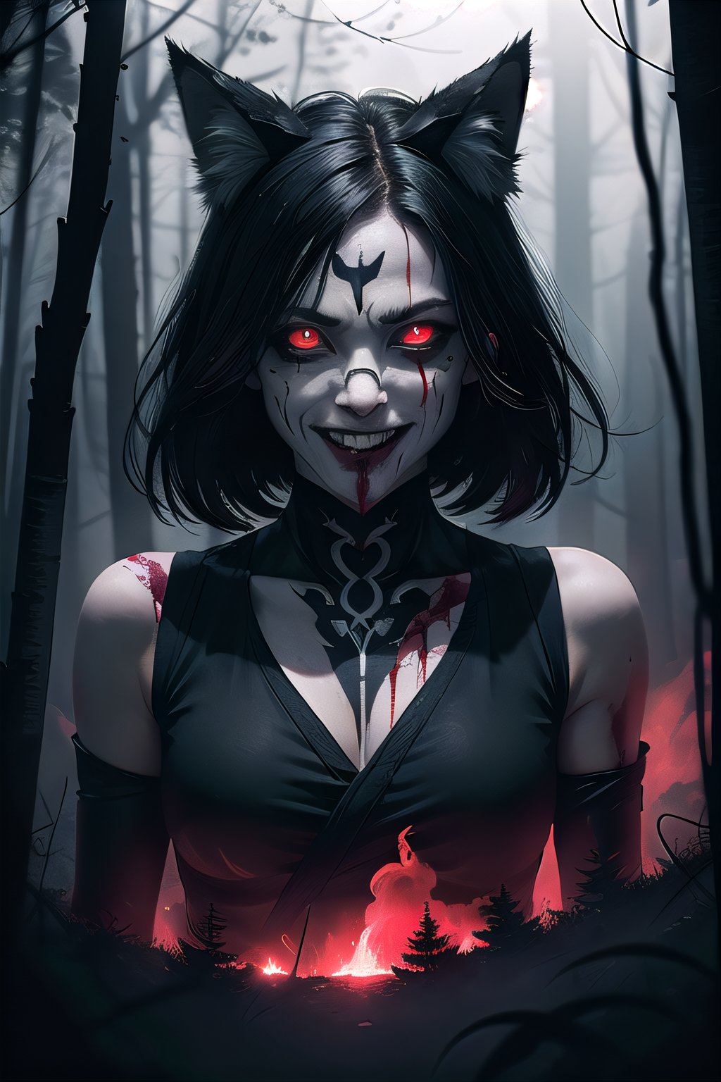 woman, wolf ears, white and black hair, red glowing eyes, crying blood, psychopath, creepy smile, ominous crimson smoke background, in a dark forest, wide shot, whole body shot, volumetric lighting, face tattoo, bloody blades 