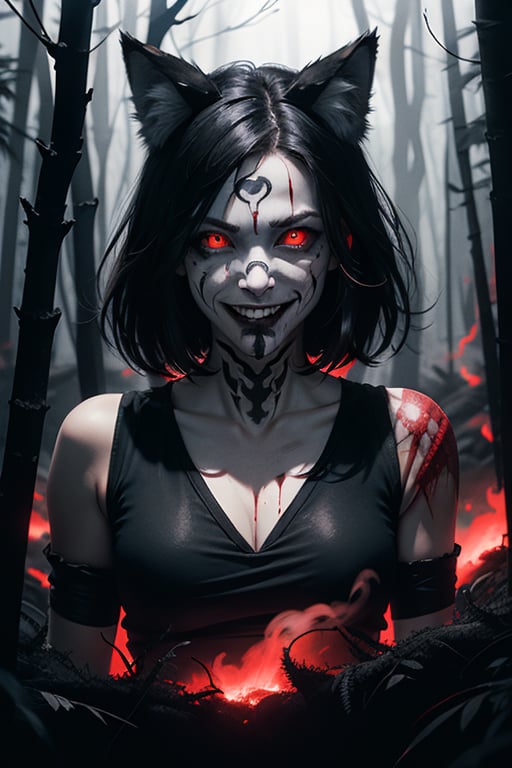 woman, wolf ears, white and black hair, red glowing eyes, crying blood, psychopath, creepy smile, ominous crimson smoke background, in a dark forest, wide shot, whole body shot, volumetric lighting, face tattoo, bloody blades 