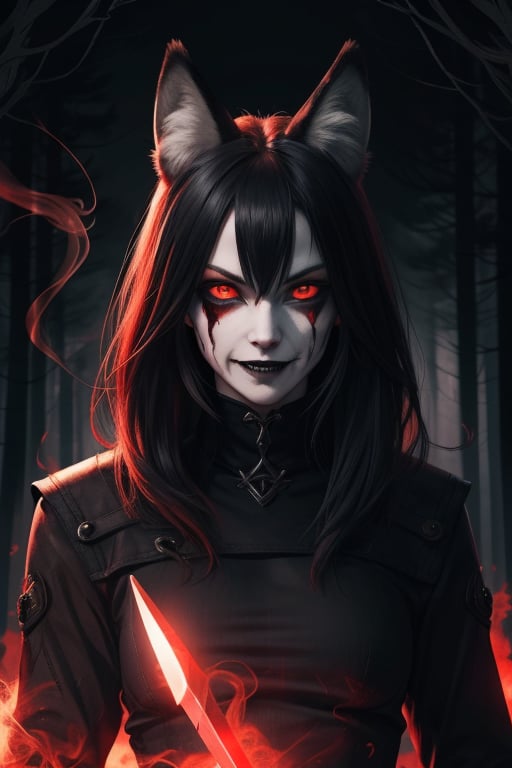 woman wolf mix, wolf ears, red glowing eyes, psychopath, creepy smile, ominous crimson smoke background, in a dark forest, dagger in hand beside the face 