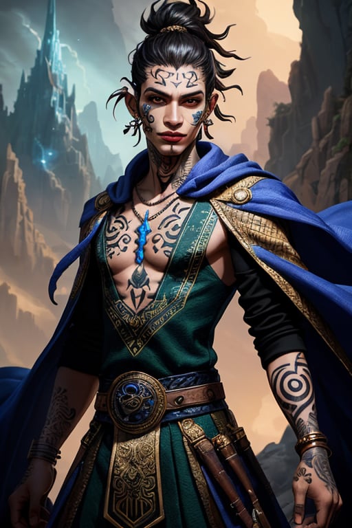 Confident warrior wearing creative clothing, fantasy setting, d & d, best face, face tattoo, extremely detailed clothing, good anatomy, good hands, detailed hands, beautiful, heroic pose, volumetric lighting, vibrant colors