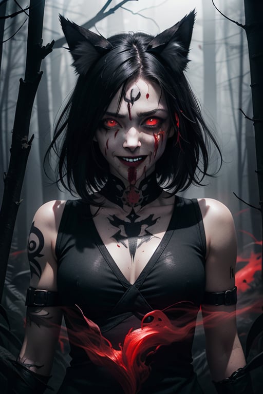 woman, wolf ears, white and black hair, red glowing eyes, crying blood, psychopath, creepy smile, ominous crimson smoke background, in a dark forest, wide shot, whole body shot, volumetric lighting, face tattoo, bloody blades 