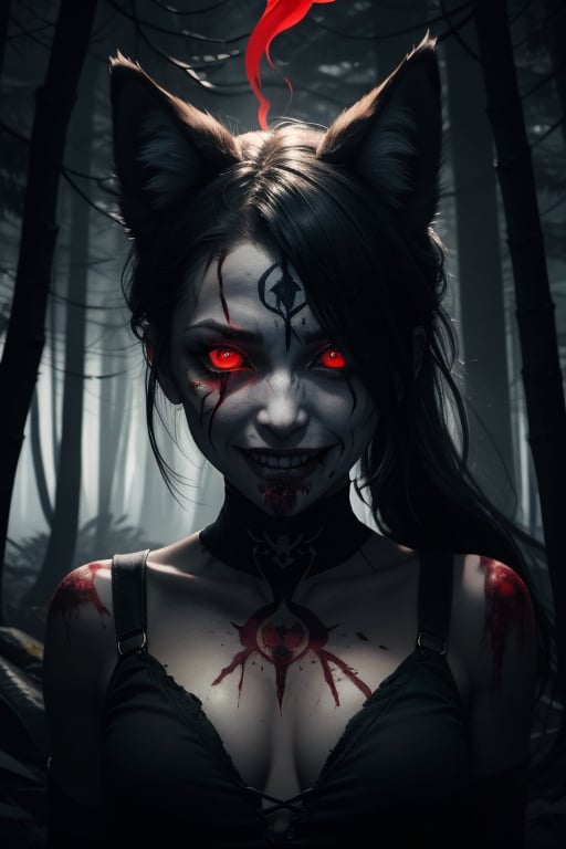 woman, wolf ears, red glowing eyes, crying blood, psychopath, creepy smile, ominous crimson smoke background, in a dark forest, wide shot, whole body shot, volumetric lighting, face tattoo, bloody blades 