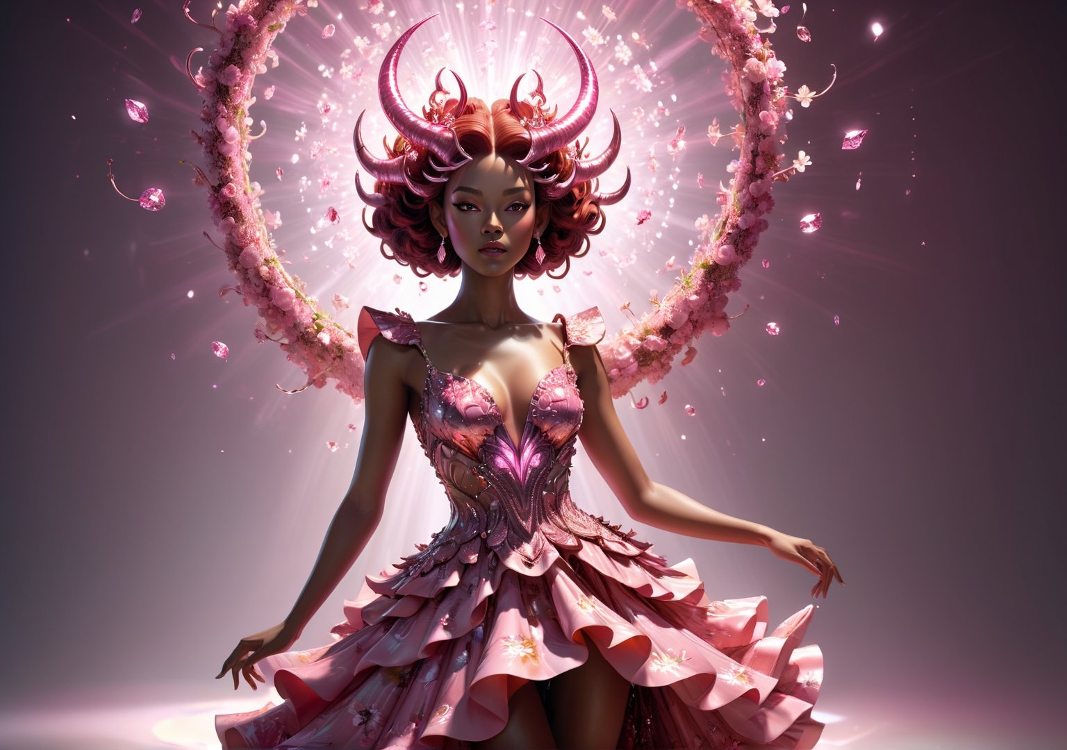 woman with reddish skin and has pink crystal shaped like horns coming out of her head, wearing a flowery dress, full body shot, volumetric lighting,more detail XL