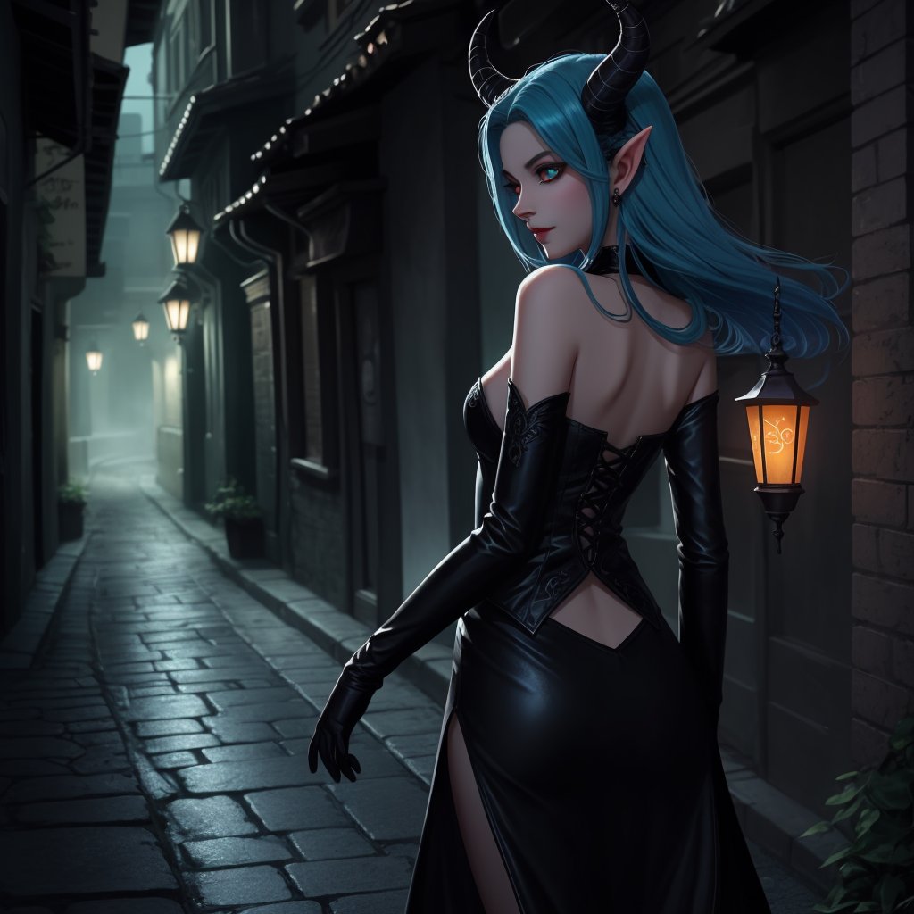 A stunning tiefling rogue stands confidently amidst a dimly lit alley. Their skin is a deep, rich shade of amethyst that shimmers subtly in the low light. Curved, obsidian-black horns crown their forehead, elegantly spiraling upward. Fiery orange eyes with slit pupils gleam with an enigmatic intensity, casting an alluring glow.

The tiefling's face bears a balance of exotic and human-like features, their expression hinting at a mischievous charisma. Tresses of midnight-blue hair cascade down their shoulders, contrasting strikingly against the deep-hued skin.

Clad in form-fitting, shadowy leather armor, the tiefling's lithe physique is accentuated by the intricate patterns etched into the armor's surface, reminiscent of arcane sigils. A sinuous, charcoal-colored tail extends gracefully from the small of their back, occasionally flicking with an air of intrigue.

Their fingers are adorned with delicate, silver rings that seem to catch and reflect even the faintest gleam of light. Elongated, pointed ears taper elegantly at the tips, giving the tiefling an aura of refinement.

With a pair of sleek, obsidian daggers sheathed at their sides, this rogue emanates an aura of controlled danger. The playful curl of their lips suggests both confidence and a hint of secrecy, as if they hold the key to a multitude of hidden knowledge.

Behind them, shadows dance and intertwine, embracing the tiefling as if they were an embodiment of the night itself. The alleyway's worn cobblestones seem to absorb the soft glow of a distant lantern, further highlighting the tiefling's captivating presence