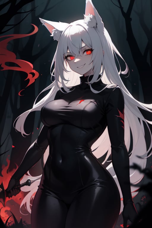 woman wolf mix, wolf ears, red glowing eyes, psychopath, creepy smile, ominous crimson smoke background, in a dark forest, dagger in hand