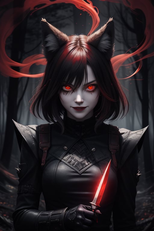 woman wolf mix, wolf ears, red glowing eyes, psychopath, creepy smile, ominous crimson smoke background, in a dark forest, dagger in hand, Endsinger