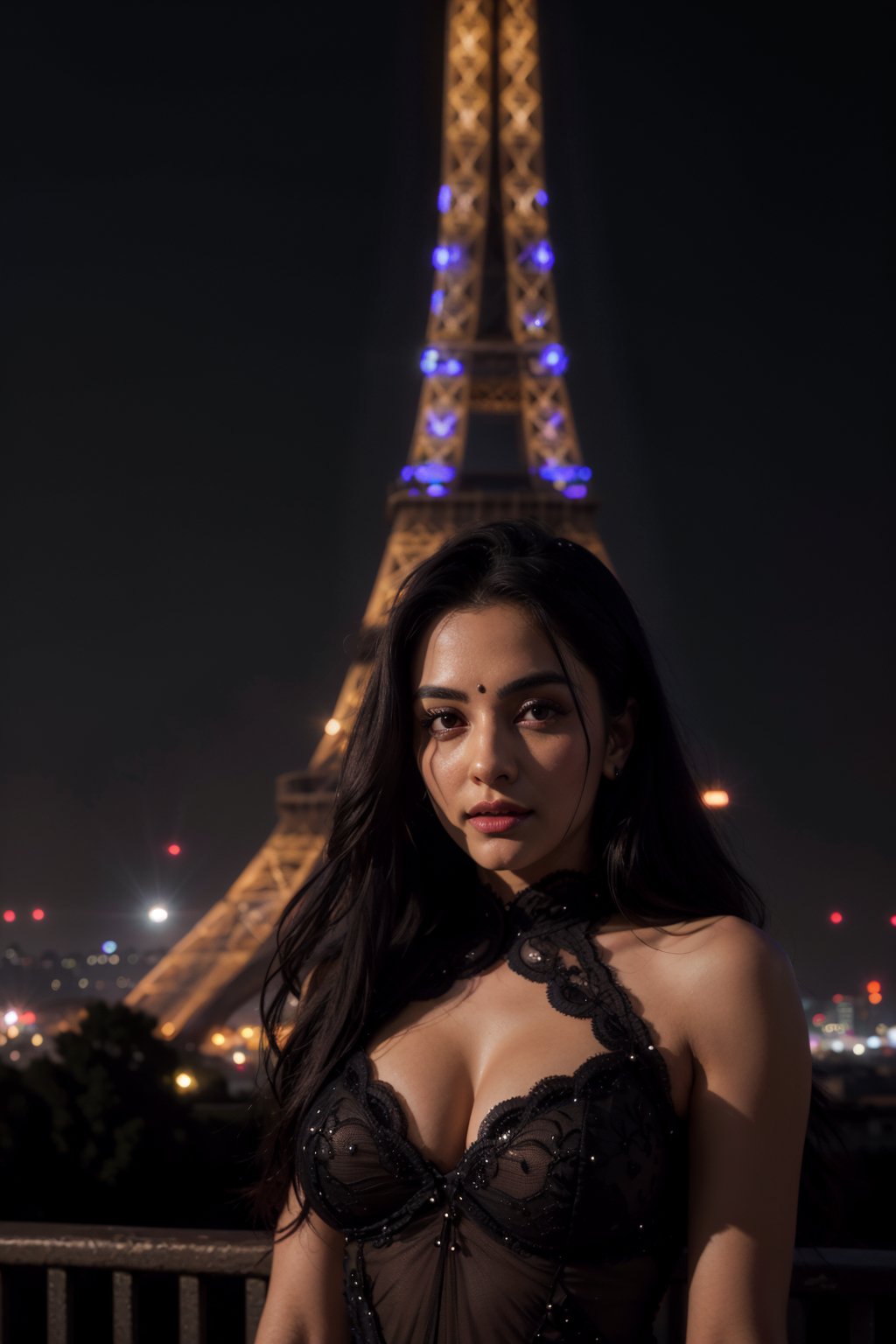 A photorealistic close-up shot of a woman dressed in a sleek black evening gown, her face illuminated by the soft glow of twinkling city lights. The iconic Eiffel Tower stands tall and proud in the background, its iron latticework glistening like diamonds against the dark night sky.,Indian