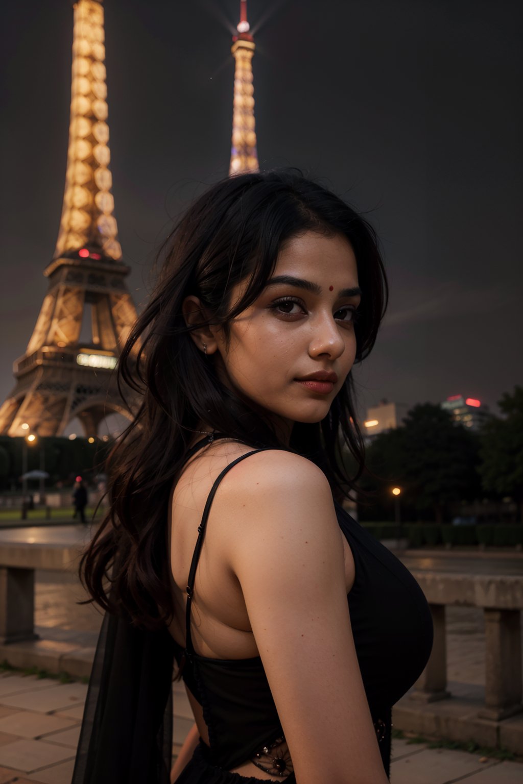 closeup shot of, an Indian girl, 24 yrs old,  wearing black gown, Eiffel Tower in background, night scenery,