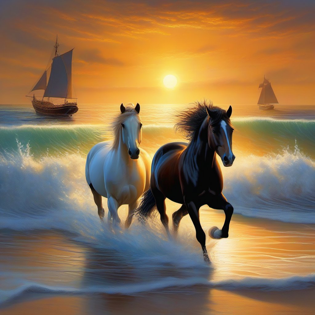 """"Delicate, Gleaming, Harmonious, Incandescent by artist "Igor Zenin"Group of Beautiful well muscled stallion horses with perfect hooves running through the ocean surf along the sand, sail ships in the background,daytime,beautiful morning sunrise,artist Josephine Wall, hyper detailed, digital art, cinematic lighting, studio quality Hyperrealistic, splash art, concept art, mid shot, intricately detailed, color depth, realistic background""""