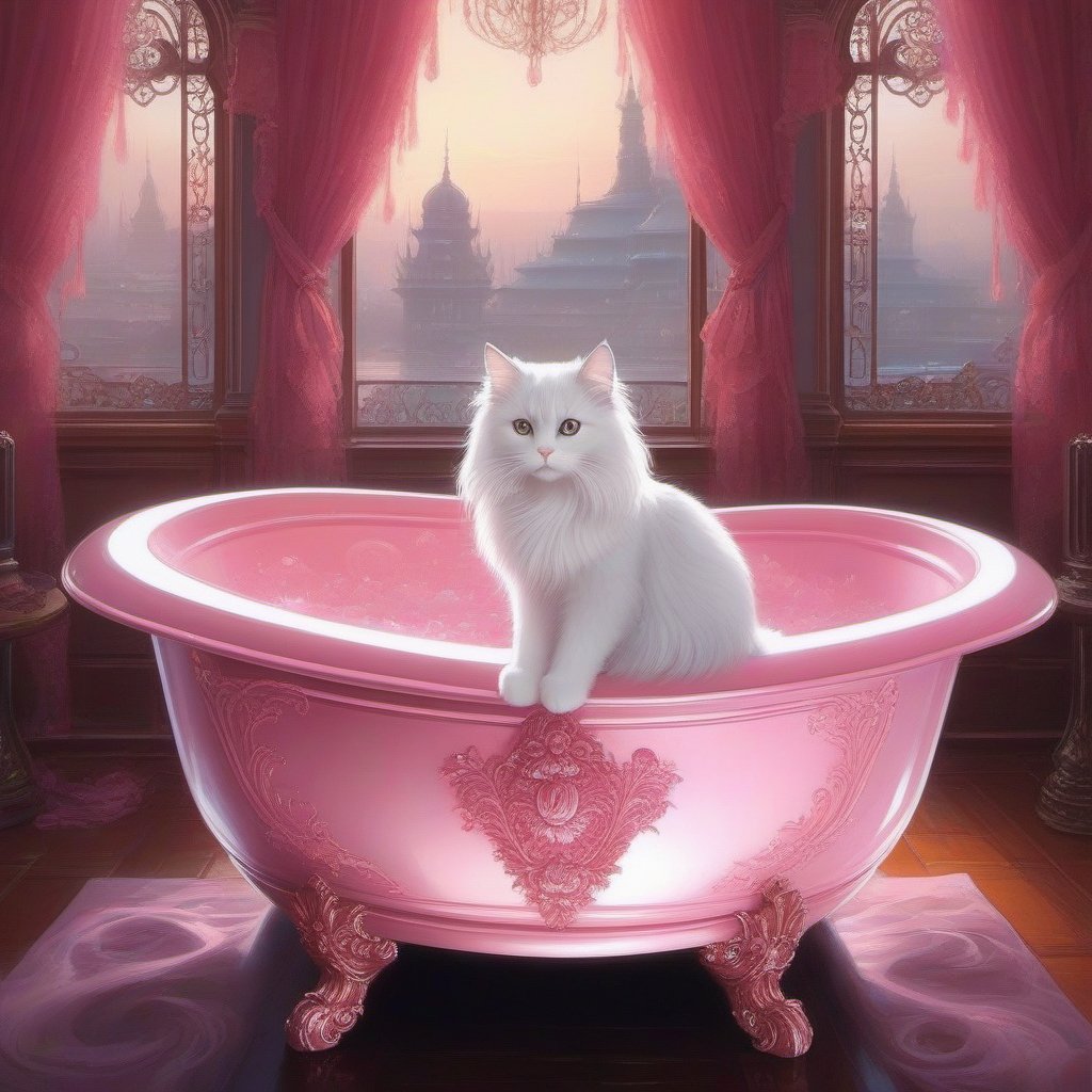 ""Beautiful Longhaired cat with big bright reflective eyes inside an ornate Pink claw foot bathtub, detailed intricate icy pink drapes,misty swirls of ornage water and smoke, soft lighting, sharp focus, Marc Simonetti & Yoji Shinkawa & WLOP, paint drops, rough edges, trending on artstation, studio photo, intricate details, highly detailed"",yua_mikami