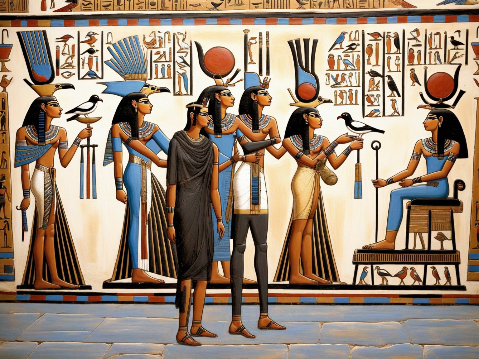 egyptian painting of a group of people with a bird, ancient egypt painting, ancient egypt art, egyptian art, ancient egyptian art, egyptian iconography, egyptian gods, egyptian symbolism, ancient egyptian mural, egyptian mythology, ancient egyptian, egyptian style, kemetic symbolism, egyptian setting, egyptian clothing, ancient egypt, egypt themed art, egyptian, hieroglyphic occult