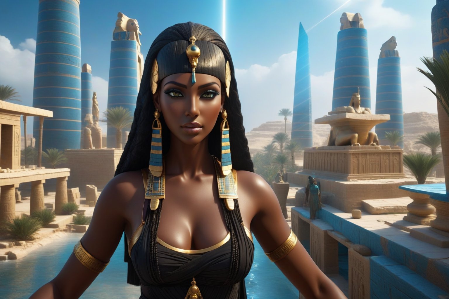 there is a woman with a black dress and an egyptian statue, dark skin female goddess of love, storm egyptian god, epic 3 d yemaya, cinematic goddess close shot, beautiful cleopatra, epic 3 d oshun, cleopatra portrait, android girl in egyptian ruins, 3 d goddess minerva, egyptian princess, kemetic, photo of ghost of anubis