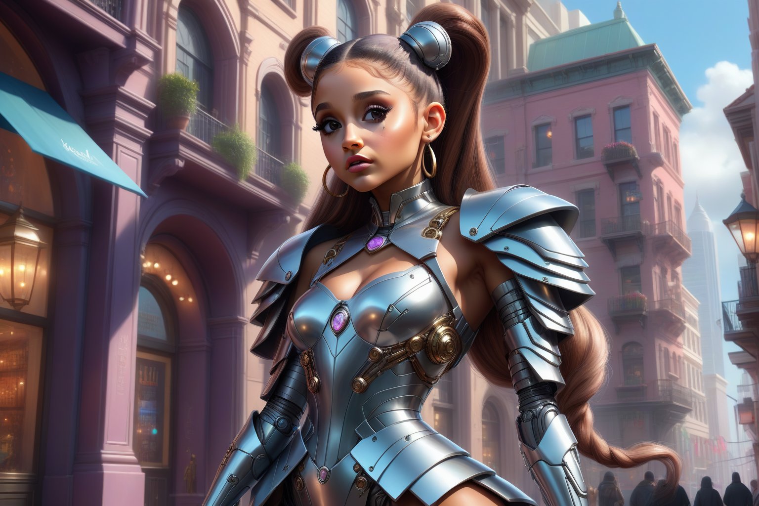 a woman Ariana Grande  in a costume standing in front of a building, artgerm julie bell beeple, 4k highly detailed digital art, cyborg merchant girl, 4 k detail fantasy, 8k high quality detailed art, 4k detailed digital art, stylized urban fantasy artwork, cyborg merchant woman, moebius + loish + wlop, Artstation contest winner