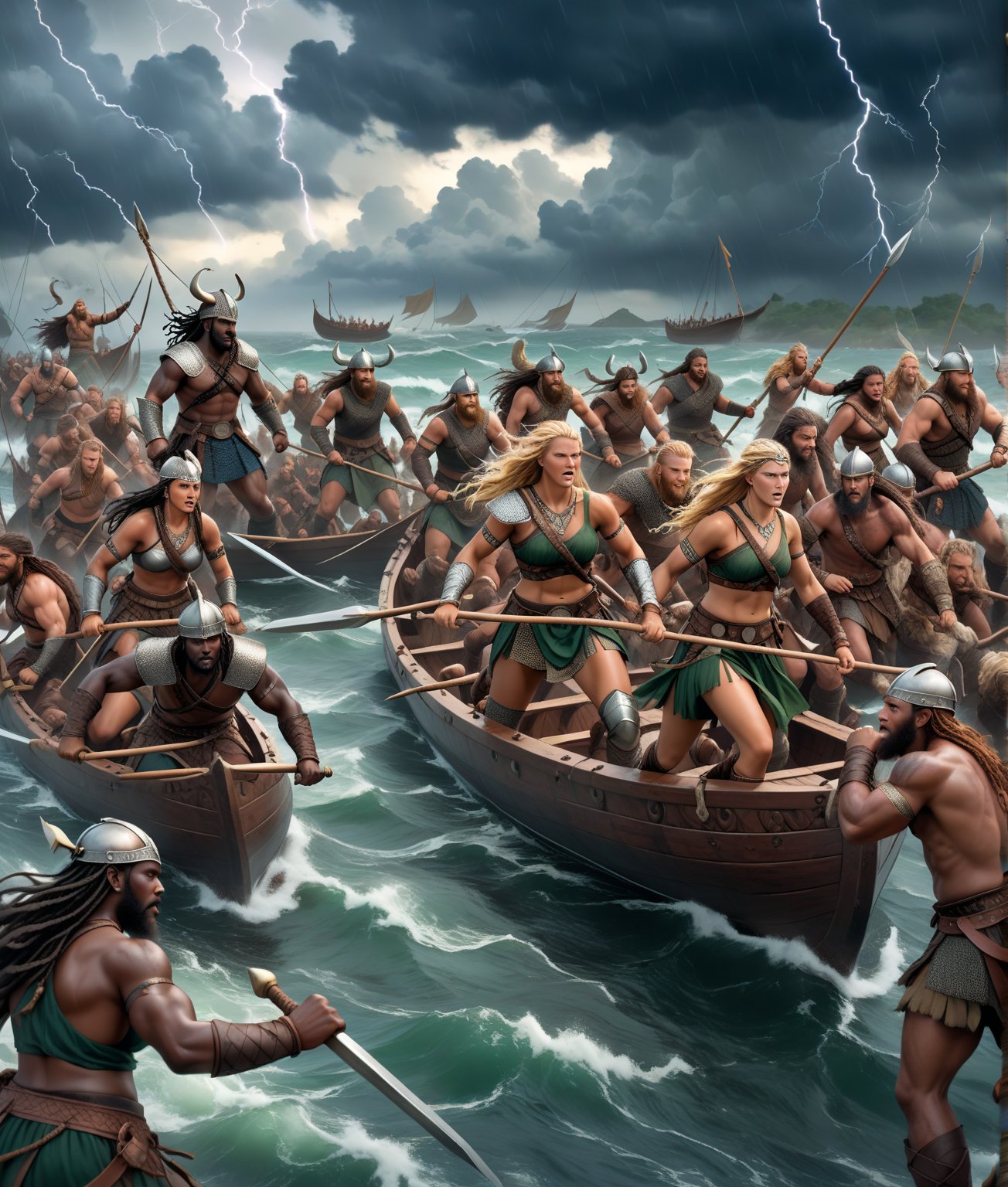 In the midst of a fierce battle, a group of fierce Dahomey Amazons, adorned with intricate braids and ornaments, their dark skin glistening with sweat, capture a Viking, its wooden hull battered and scarred, the Viking sail torn and flapping in the wind. The Amazons, clad in loincloths and armed with spears and shields, their faces set in determined expressions, surround the vessel, their bodies strong and athletic. A few Vikings, their beards and hair wild and unkempt, their armor dented and worn, struggle against their captors, while others lie defeated on the ground. The scene is set against a stormy sky, with dark clouds gathering and lightning illuminating the horizon. The atmosphere is intense and dramatic, with a sense of powerful femininity and strength emanating from the Amazons. The color palette is predominantly earthy, with shades of brown, green, and beige, punctuated by the deep blues and grays of the stormy sky. 




