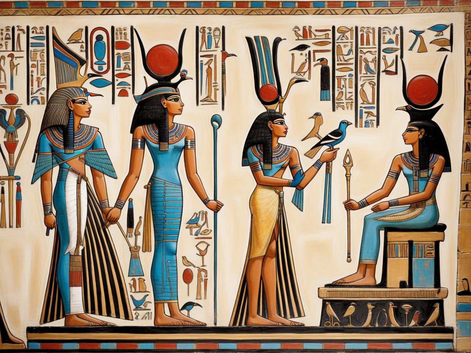 egyptian painting of a group of people with a bird, ancient egypt painting, ancient egypt art, egyptian art, ancient egyptian art, egyptian iconography, egyptian gods, egyptian symbolism, ancient egyptian mural, egyptian mythology, ancient egyptian, egyptian style, kemetic symbolism, egyptian setting, egyptian clothing, ancient egypt, egypt themed art, egyptian, hieroglyphic occult