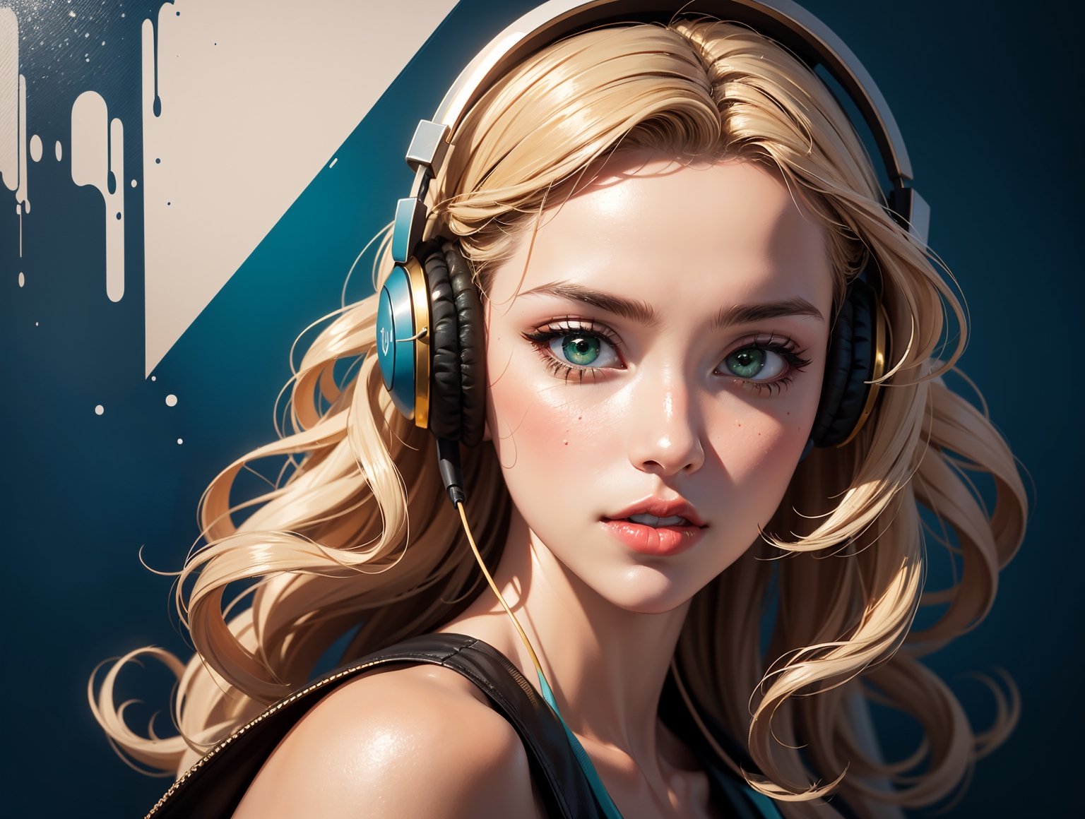 A Realistic Abstract Painting blue/gold in Impressionistic Style but with Crisp Clear Lines and a Specific Theme,  a woman (Jesica Alba :1.1) red lips,  green eyes,  listen to music,  headphones,  long curly hair. style,  by Ray Shark