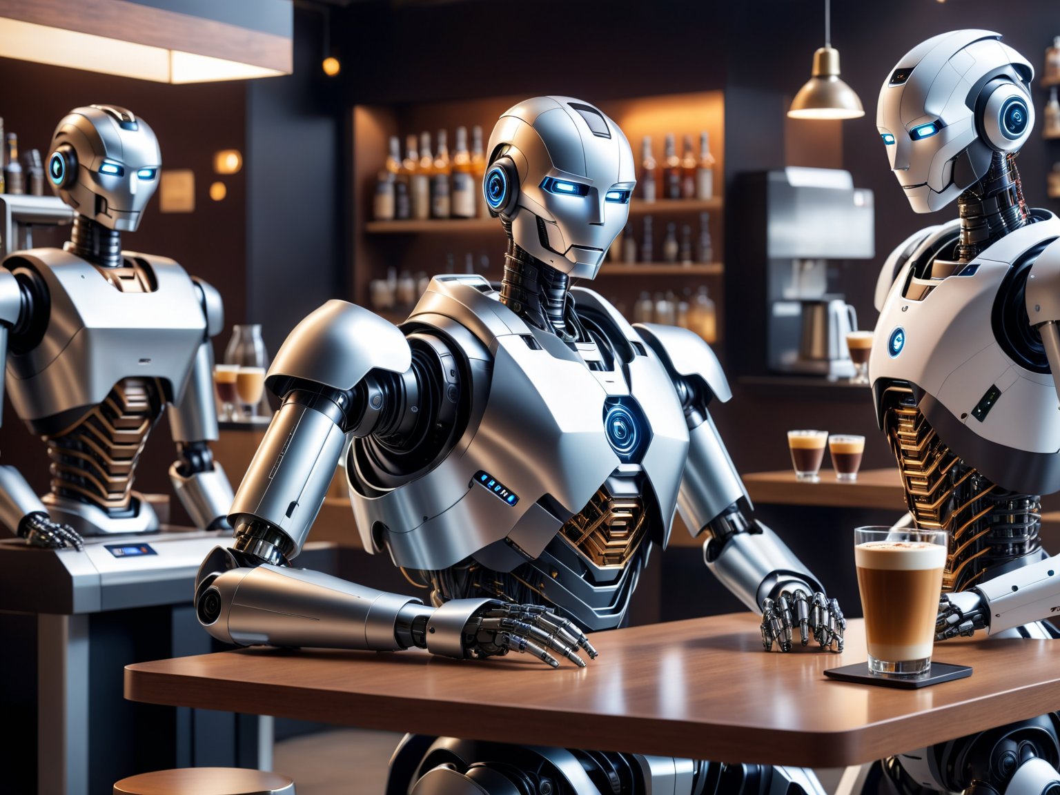 there is a robot that is sitting on a table next to a coffee machine, robot barkeep, robots drinking alcohol, the most advanced humanoid robot, robot with human face, friendly humanoid cyber robot, robot lurks in the background, biometric humanoid robot, friendly humanoid robot, humanoide robot, view is centered on the robot

