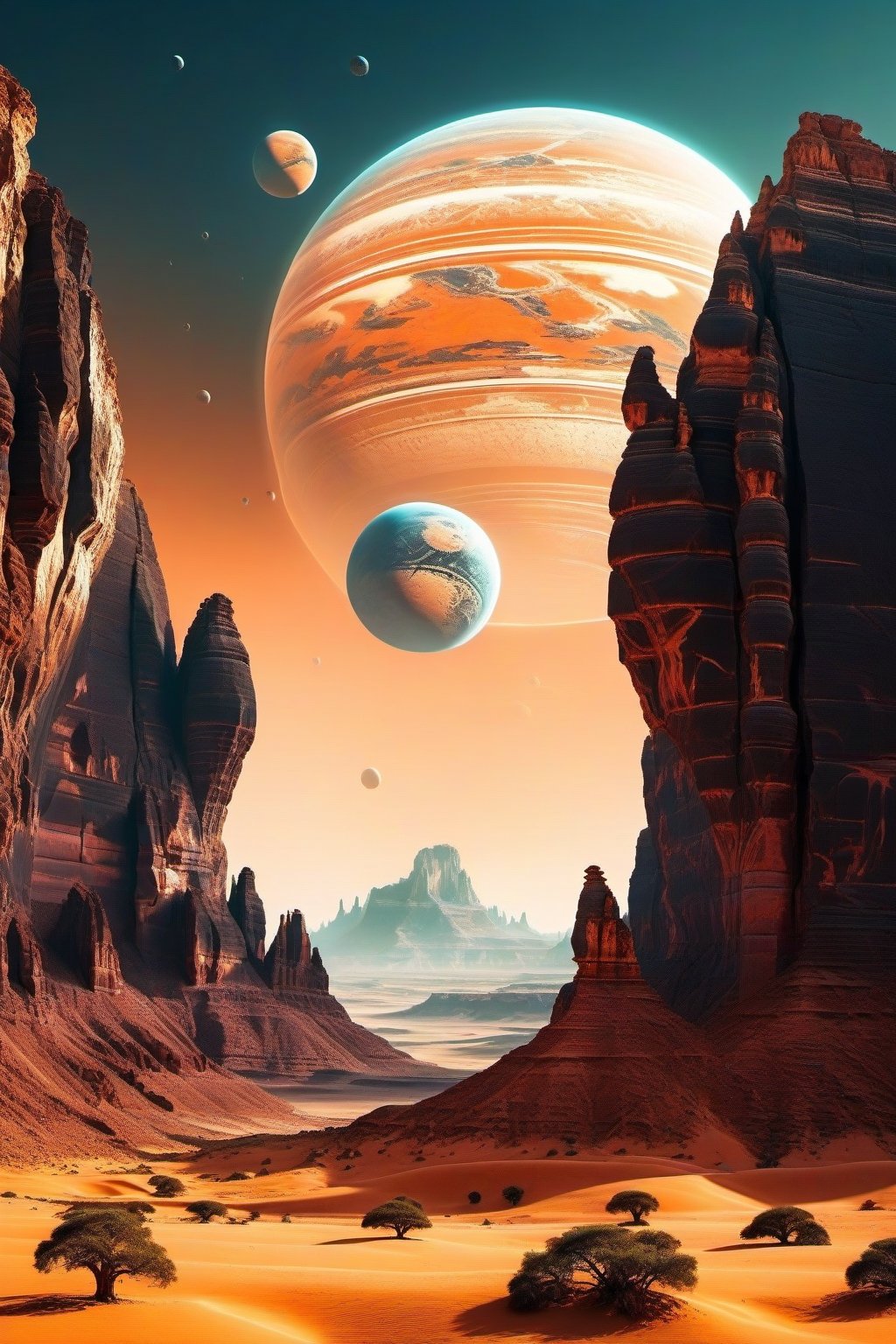 a view of a planet with a mountain and a desert, planet landscape, fantasy planet, alien planet, alien world, fractal world, amazing wallpaper, earth in the sky, futuristic world, alien planet in the sky faraway, planetary landscape, alien breathtaking landscape,  The detailed rendering showcases the syzygy's precision, contrasted against the gothic and Baroque influences in


