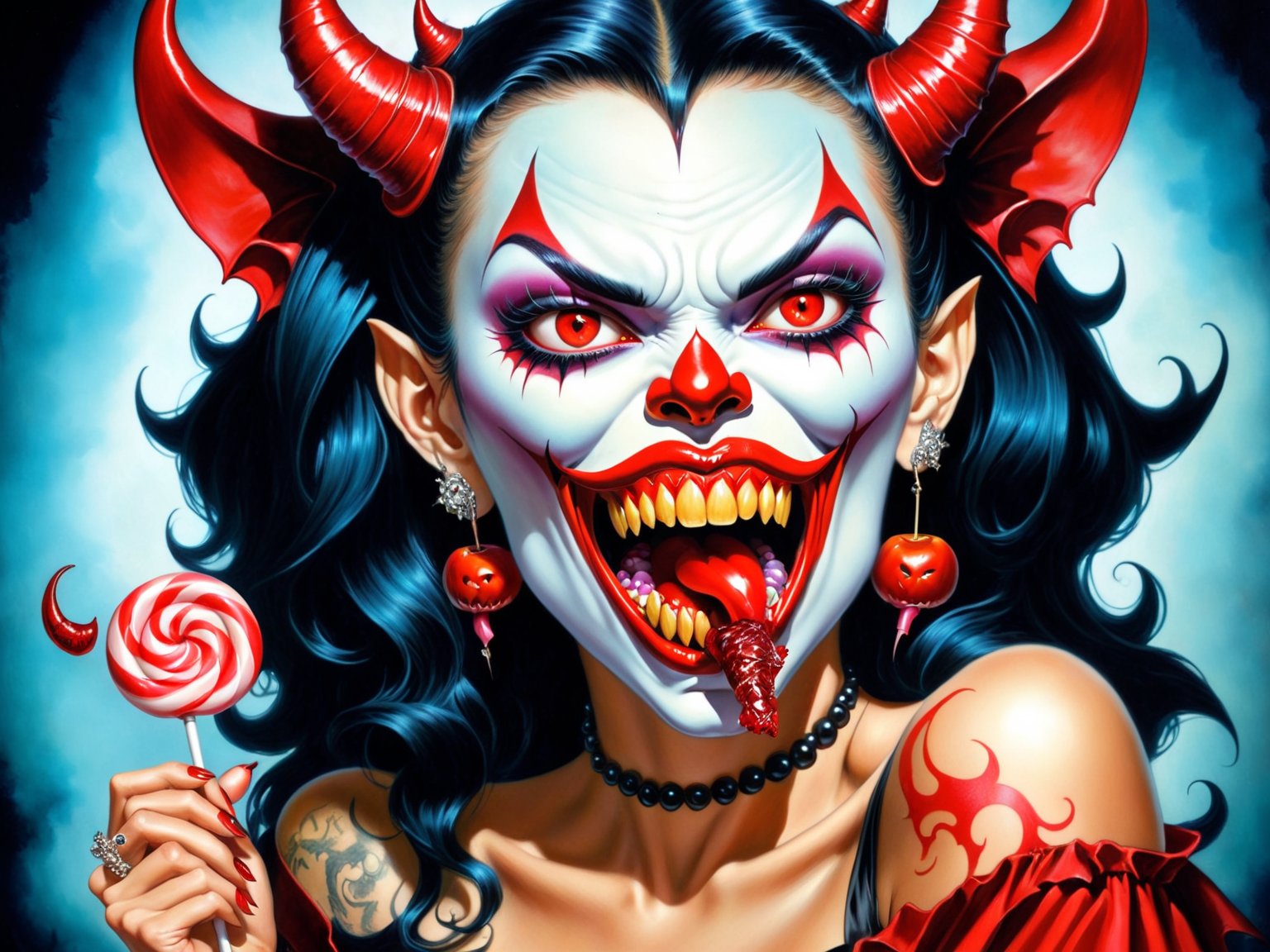 arafed woman with a devil tattoo and a candy in her mouth, demon girl, demon woman, boris villejo, boris villajo, demoness, portrait of demon girl, lowbrow art, saturno butto. occult art, goth clown girl, digital art - w 0, saturno butto, vampire girl, monstergirl