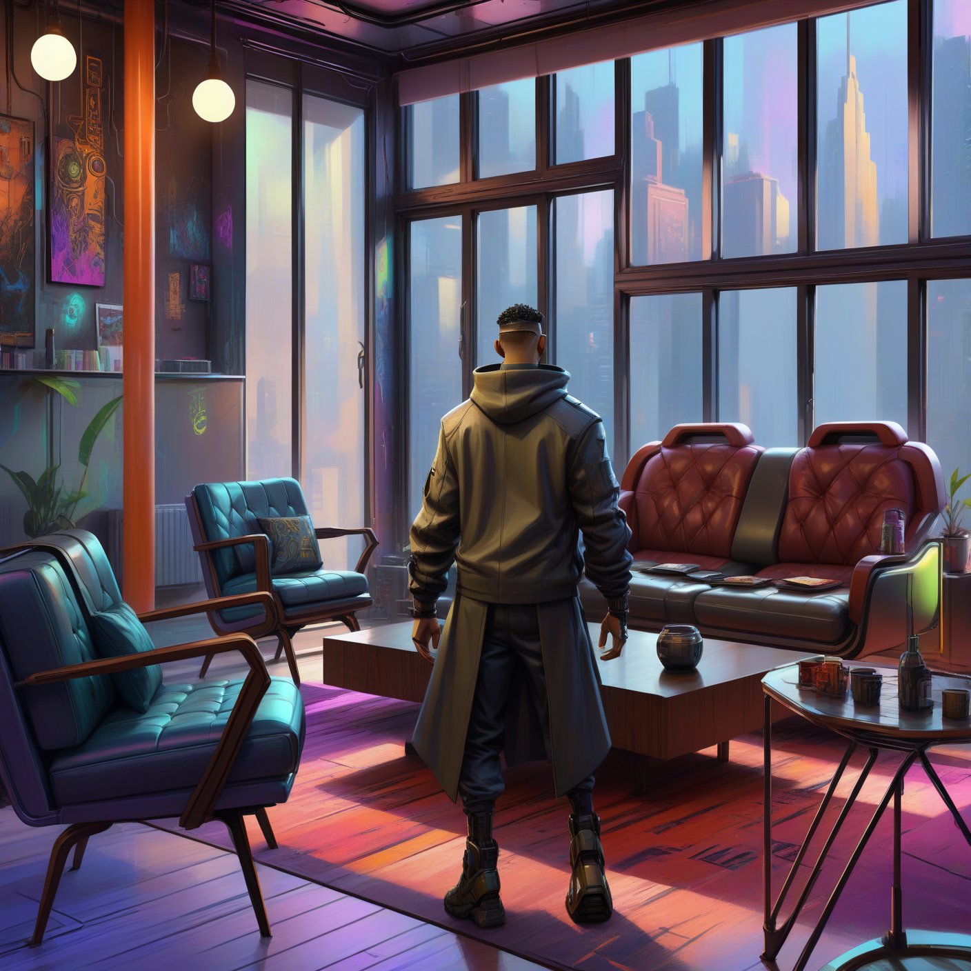 painting of a man in a living room with a couch and chairs, in style of digital painting, the cyberpunk apartment, cyberpunk apartment, in a cyberpunk themed room, in style of digital illustration, stylized digital illustration, digital painting. octane render, drawn with photoshop, stylized digital art, stylized urban fantasy artwork, in a cyberpunk setting, style digital painting