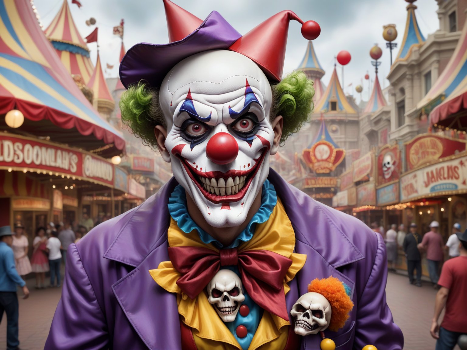 clown with two revolvers and a hat on his head, clown, capitalist clown, of a gang of circus clowns, portrait death clown, portrait skull clown, skull clown inside a circus, murderous carnival freak, the clown is far from the camera, scary clown, communist clown portrait, disneyland background, market street, disneyland wadim kashin. ultra realistic, portrait of a joker, skull clown

,more saturation 