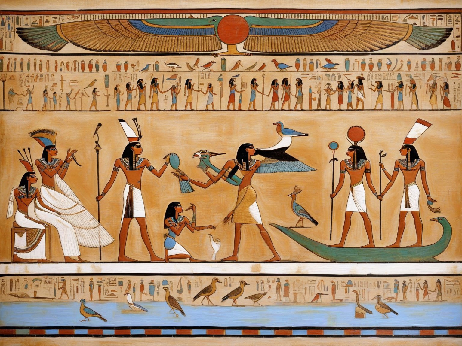 egyptian painting of a group of people with a bird, ancient egypt painting, ancient egypt art, egyptian art, ancient egyptian art, egyptian iconography, egyptian gods, egyptian symbolism, ancient egyptian mural, egyptian mythology, ancient egyptian, egyptian style, kemetic symbolism, egyptian setting, egyptian clothing, ancient egypt, egypt themed art, egyptian, hieroglyphic occult
