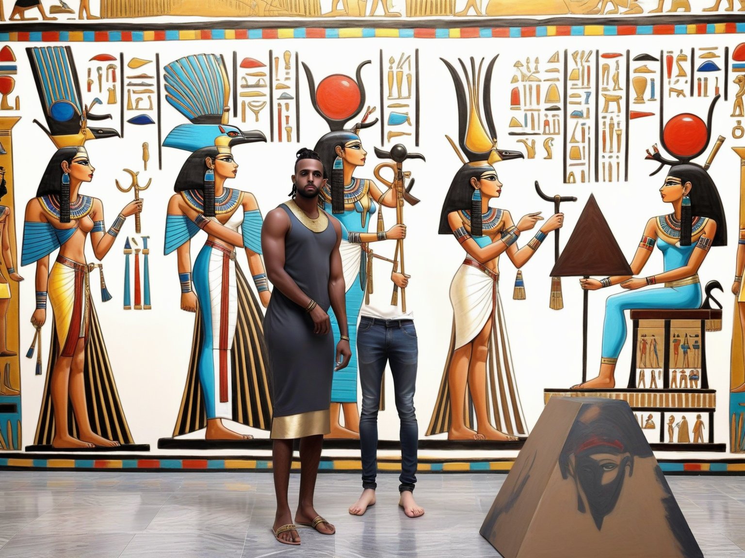 there is a woman and a man standing in front of a painting of egyptian women, egyptian clothing, egyptian clothes, pharaoh clothes, egyptian style, egyptian gods, egyptian setting, egypt themed art, egyptian atmosphere, black emma watson as egyptian, ancient egyptian, the egyptian god, egyptian art, kemetic, ancient egypt, egyptian, inspired by Ras Akyem, ancient egypt art pyramid