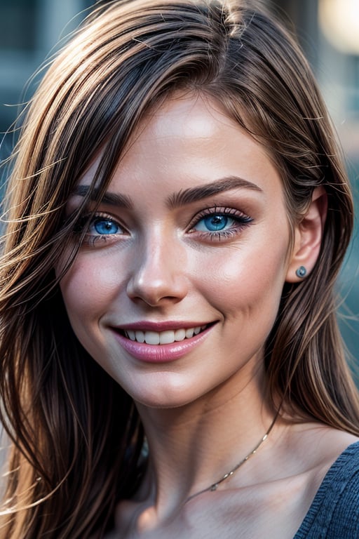 Generate an ultra-realistic image of a young woman with blue eyes, smiling. The lighting should be bright and flattering, emphasizing the details of her face and expression. The image should be captured using a 4K camera to ensure maximum sharpness and quality. Pay special attention to the nuances in the eyes and the reflections of the smile.