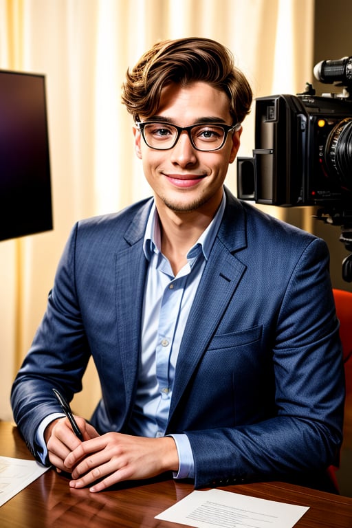 Create a hyper-realistic image of a young man dressed in stylish clothing and a blazer. The man should exude an intellectual vibe, wearing glasses and smiling at the camera. The scene is set in a television studio, where the protagonist is seated in front of a table. Ensure that the man is highlighted with impeccable lighting and capture the image with an 8K camera to vividly and realistically capture every detail.