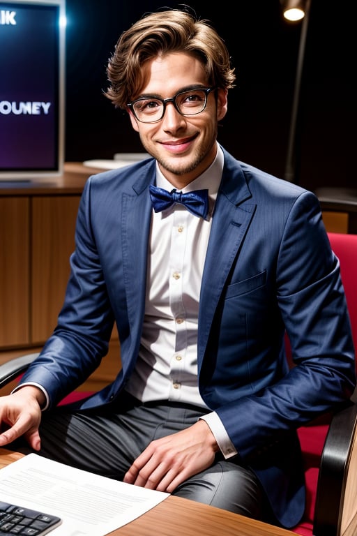 Create a hyper-realistic image of a young man dressed in stylish clothing and a blazer. The man should exude an intellectual vibe, wearing glasses and smiling at the camera. The scene is set in a television studio, where the protagonist is seated in front of a table. Ensure that the man is highlighted with impeccable lighting and capture the image with an 8K camera to vividly and realistically capture every detail.