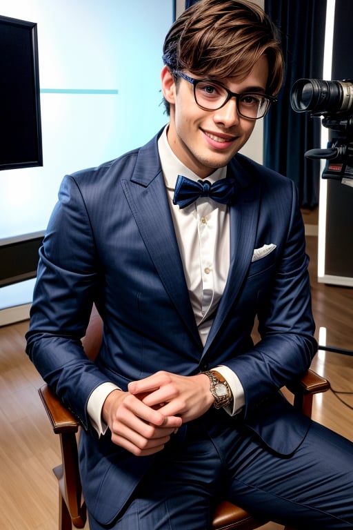 Create a hyper-realistic image of a young man dressed in stylish clothing and a blazer. The man should exude an intellectual vibe, wearing glasses and smiling at the camera. The scene is set in a television studio, where the protagonist is seated in front of a table. Ensure that the man is highlighted with impeccable lighting and capture the image with an 8K camera to vividly and realistically capture every detail.