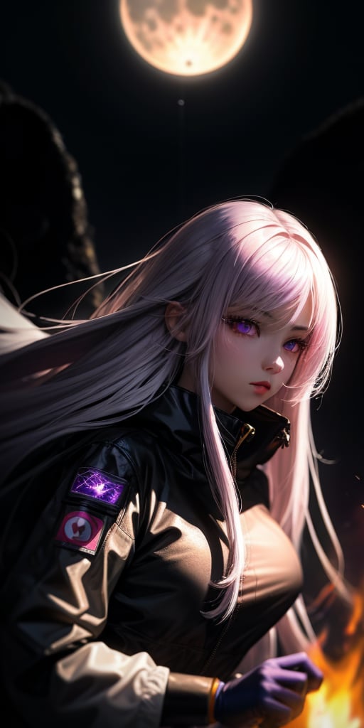 Realistic girl,surrounded by fire, with a full moon, long white hair, purple eyes, cyber clothes, in the sky, flown  ,perfecteyes,yejiltzy