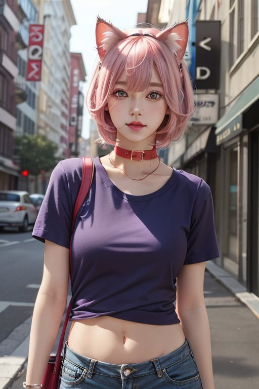 Realistic and anime girl (full and natural body, realistic, detailed, in a city, high quality) pink hair, purple eyes, blue shirt, purple color, red tattoo on the navel, blue flip-flops,With a cat collar, with cat ears and a tail cybernetic