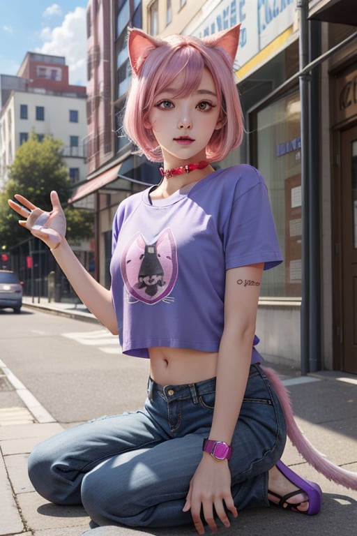 Realistic and anime girl (full and natural body, realistic, detailed, in a city, high quality) pink hair, purple eyes, blue shirt, purple color, red tattoo on the navel, blue flip-flops,With a cat collar, with cat ears and a tail cybernetic