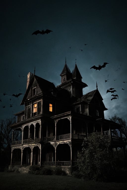 Image of a haunted house with bats and crows flying around it 