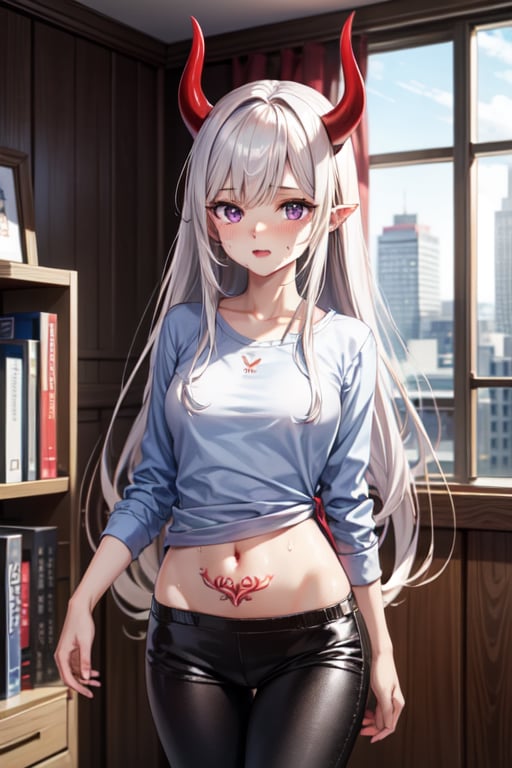 Anime girl, full and natural body, hyper realistic, detailed in a house, Ultra quality image (long white hair with red horns, purple eyes, white and blue shirt, which You can see the navel tattoo on the red navel, blue flip flops,short and tight black pants, in a city running and sweating 