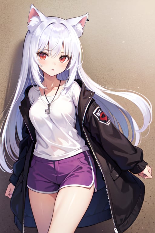 Anime girl (full and natural body, perfect, detailed) long white hair, red eyes,Cat ears, wolf necklace, white shirt, purple shorts, medium breasts, (wallpaper, high quality) (on the street)